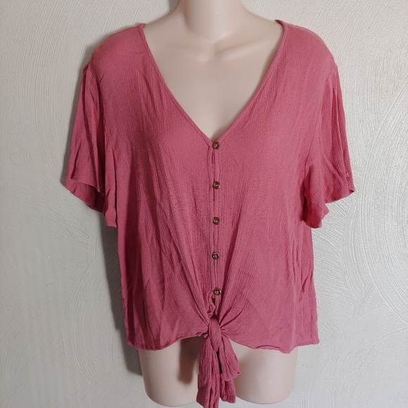 Francesca's Blue Rain Pink V-Neck Button Down Knot Tie Top Size Women's Medium - Picture 1 of 6